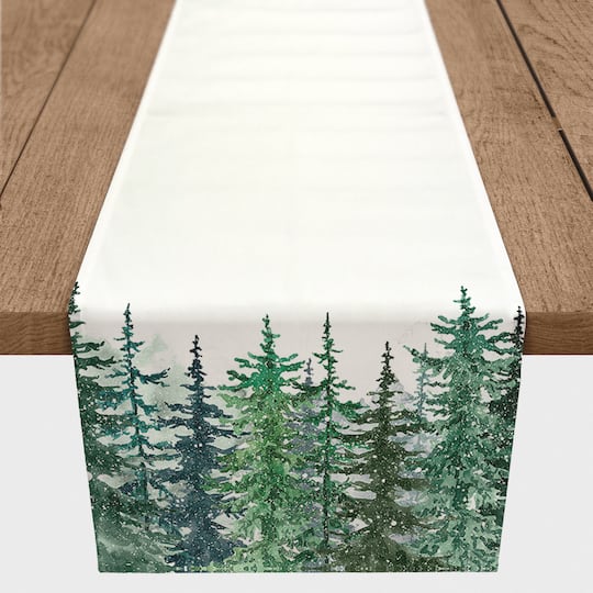 72&#x22; Winter Watercolor Pine Forest Poly Twill Table Runner